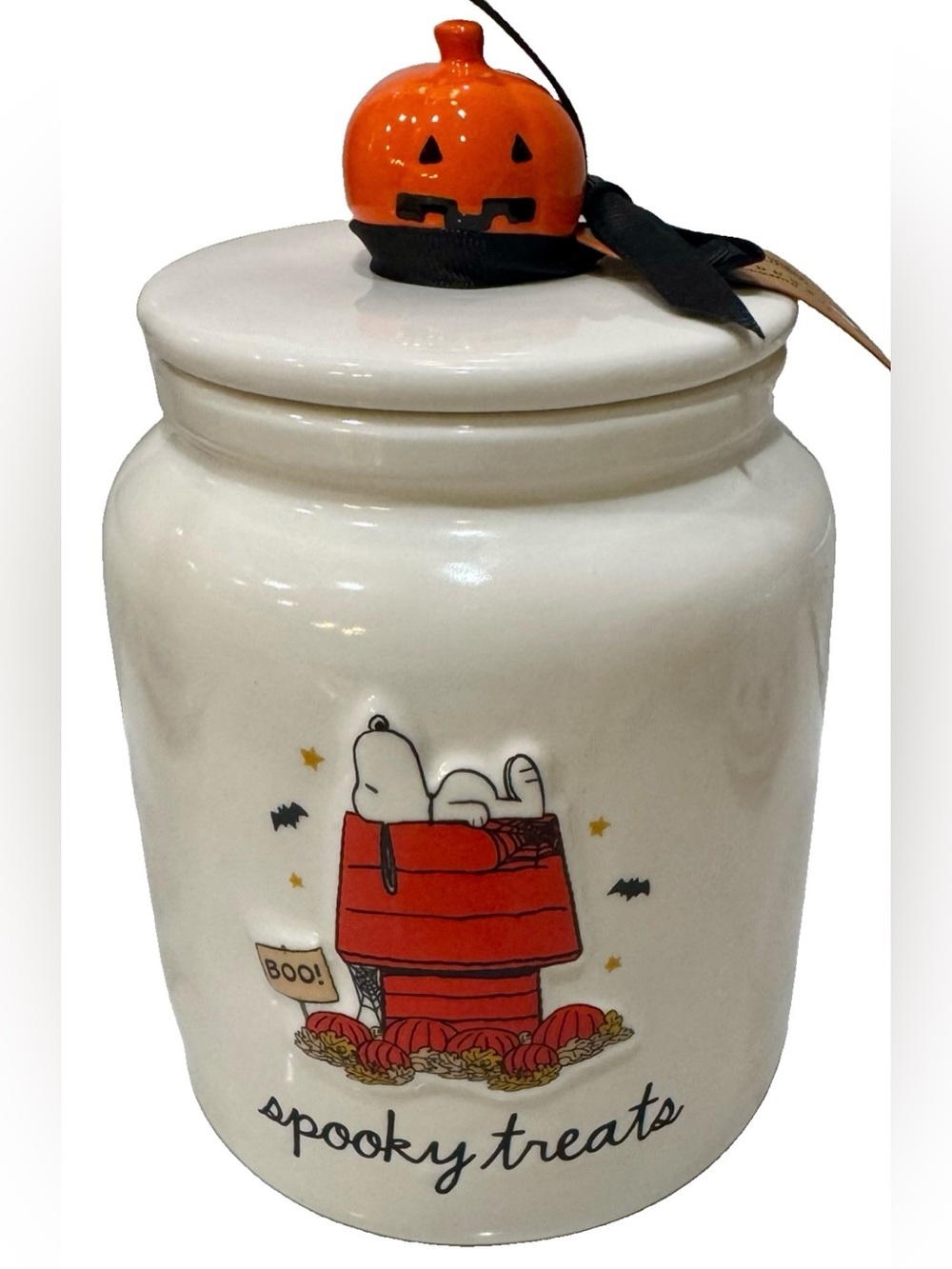 Rae Dunn Halloween Peanuts Canister/Cookie Jar “Spooky Treats” Snoopy & Pumpkin